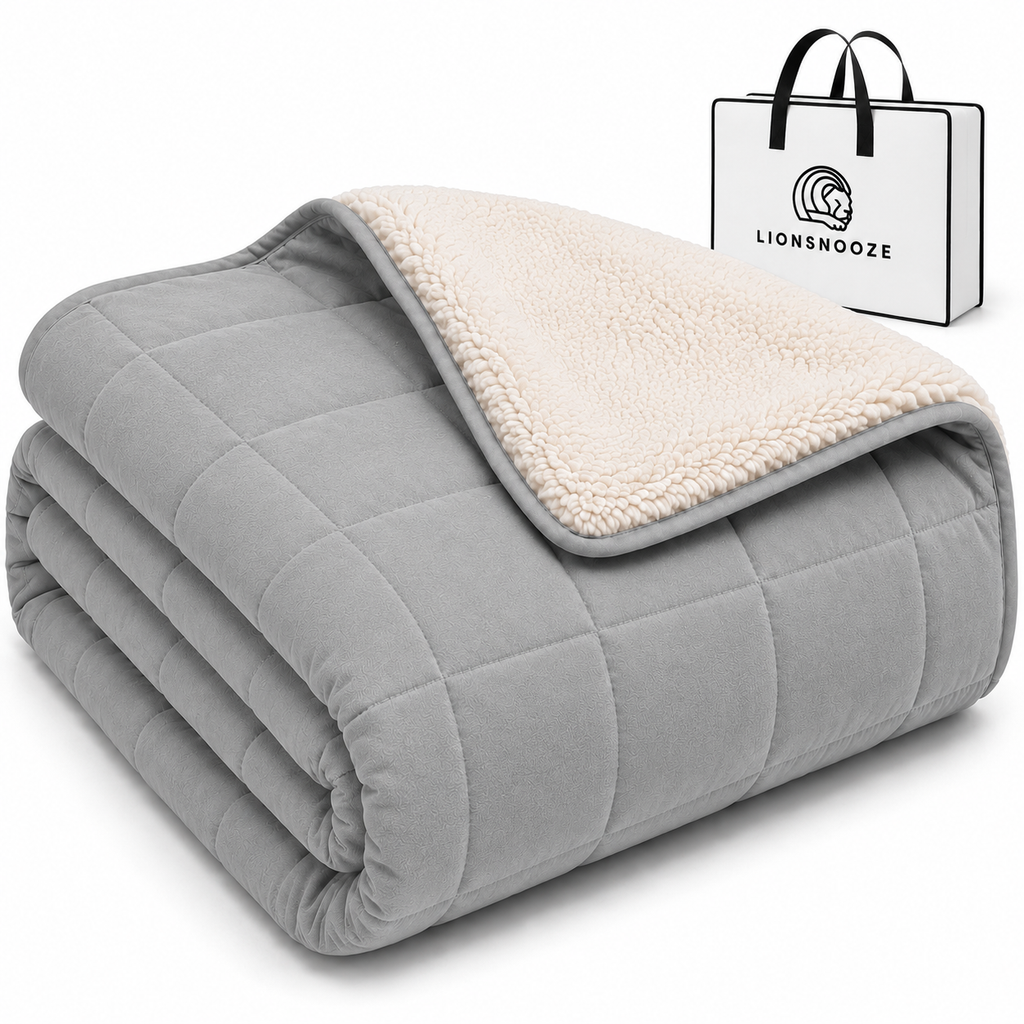 Lionsnooze Gewichtsdecke grau mit Fleece-Seite und Stoff-Tragetasche