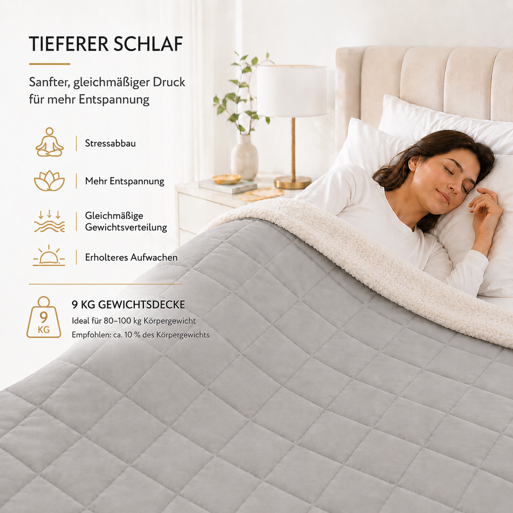 Frau schläft entspannt unter der Lionsnooze Gewichtsdecke 9 kg