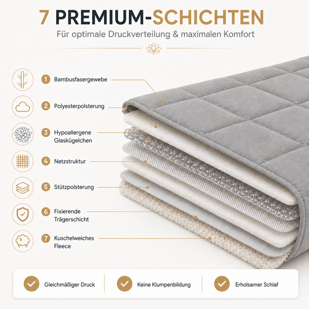 Aufbau der Lionsnooze Gewichtsdecke: 7 Schichten mit Glaskügelchen und Bambusfaser