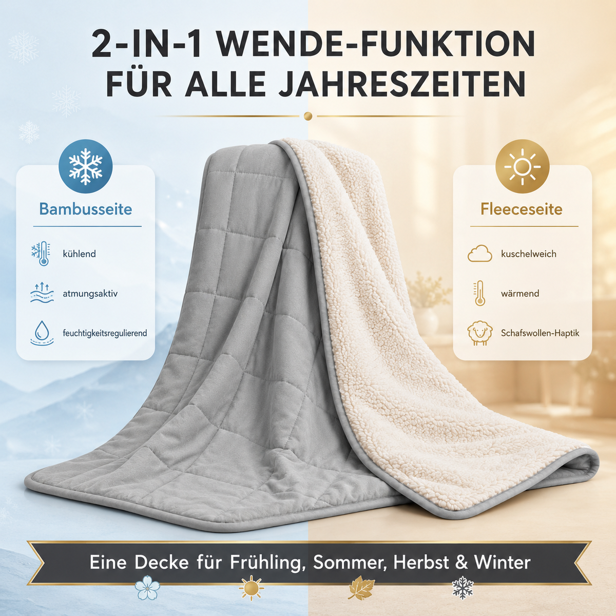 2-in-1 Gewichtsdecke mit kühlender Bambusseite und wärmender Fleeceseite